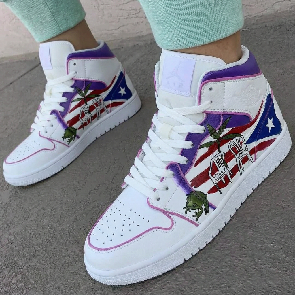 Custom AJ 1s Shoes Purple White with Puerto Rico Flag Frog and Plant Patterns-oicustom