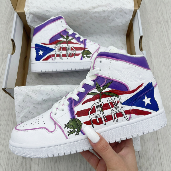 Custom AJ 1s Shoes Purple White with Puerto Rico Flag Frog and Plant Patterns-oicustom