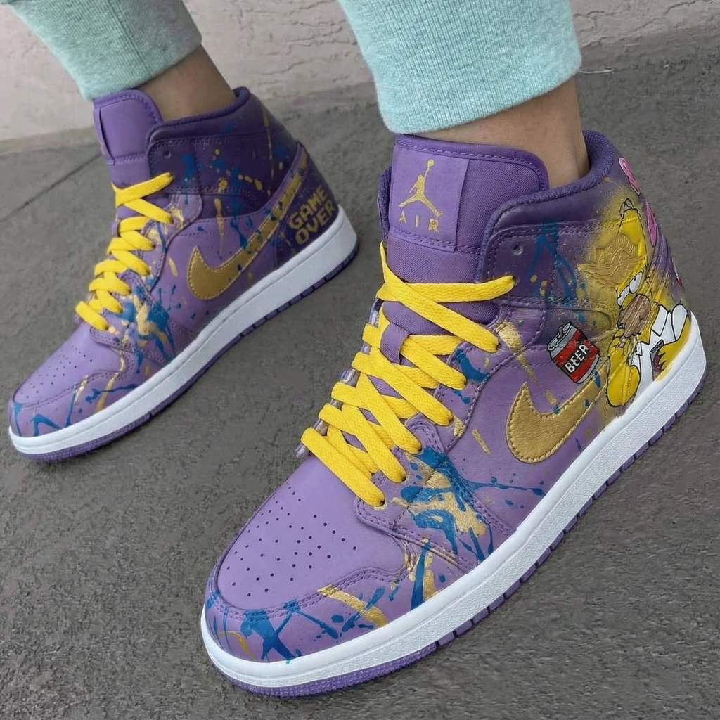 Custom AJ 1s Shoes Purple Yellow With Simpsons Theme And Paint Splatter Design-oicustom