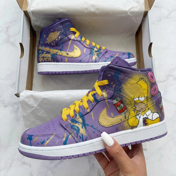 Custom AJ 1s Shoes Purple Yellow With Simpsons Theme And Paint Splatter Design-oicustom