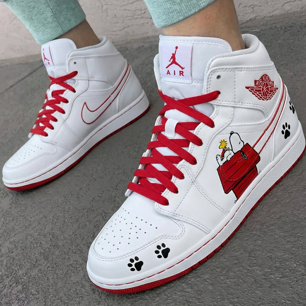 Custom AJ 1s Shoes Red Black Snoopy Dog House Paw Prints-oicustom