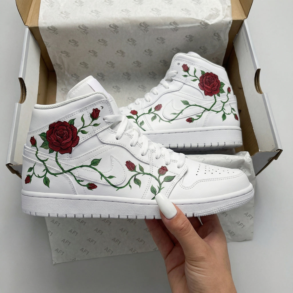 Custom AJ 1s Shoes Red Green Red Roses Green Vines Pattern-oicustom