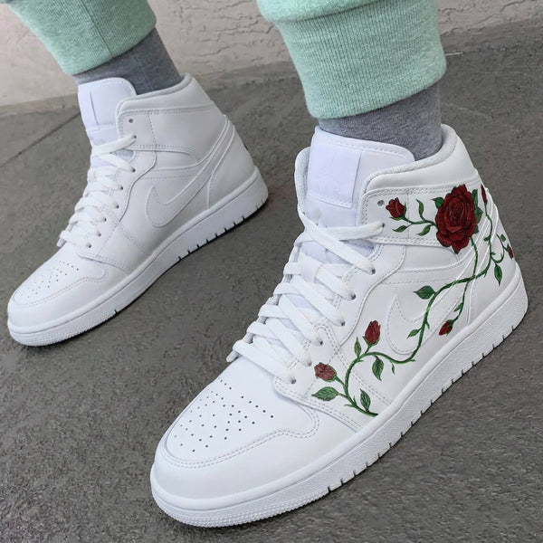 Custom AJ 1s Shoes Red Green Red Roses Green Vines Pattern-oicustom