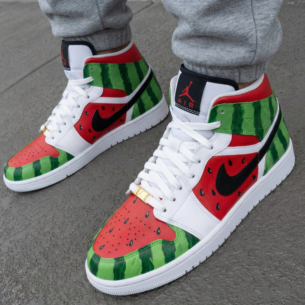 Custom AJ 1s Shoes Red Green Watermelon Pattern-oicustom