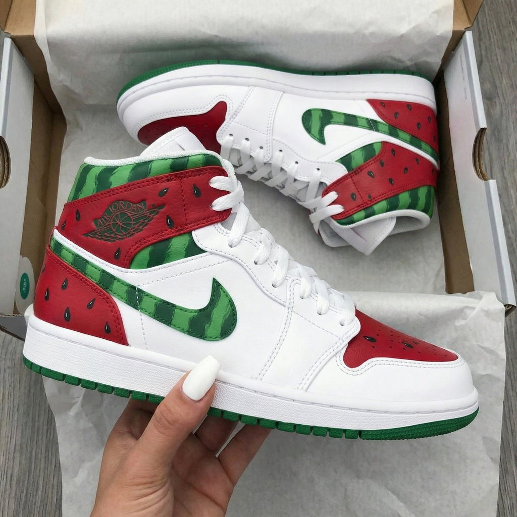 Custom AJ 1s Shoes Red Green Watermelon Pattern-oicustom