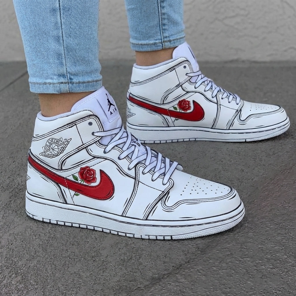 Custom AJ 1s Shoes Red Rose Cartoon Line Art-oicustom