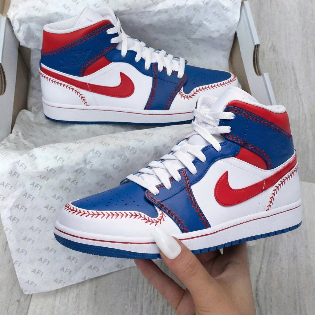 Custom AJ 1s Shoes Red White Blue Baseball Design-oicustom