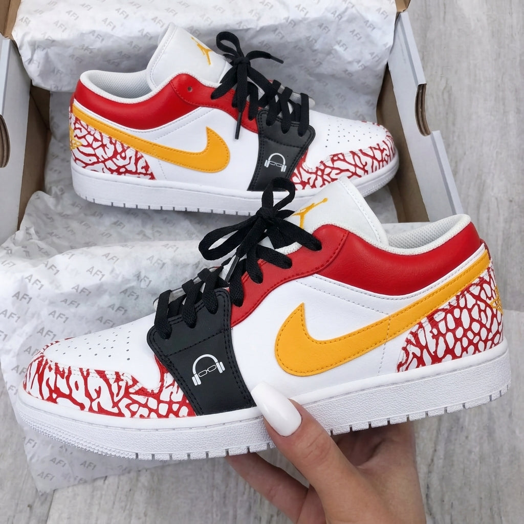 Custom AJ 1s Shoes Red Yellow Elephant Print Headphone-oicustom