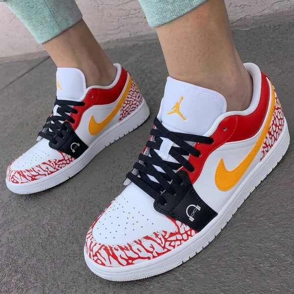Custom AJ 1s Shoes Red Yellow Elephant Print Headphone-oicustom