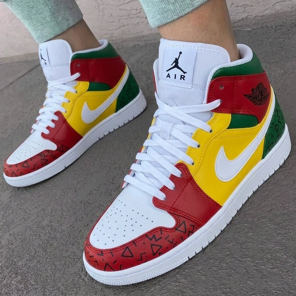 Custom AJ 1s Shoes Red Yellow Green Geometric Patterns-oicustom