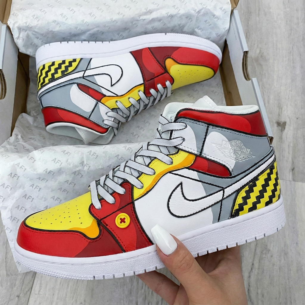 Custom AJ 1s Shoes Red Yellow Grey Cartoon Pattern-oicustom
