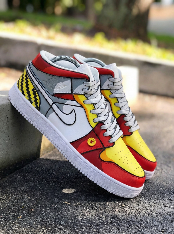 Custom AJ 1s Shoes Red Yellow Grey Cartoon Pattern-oicustom