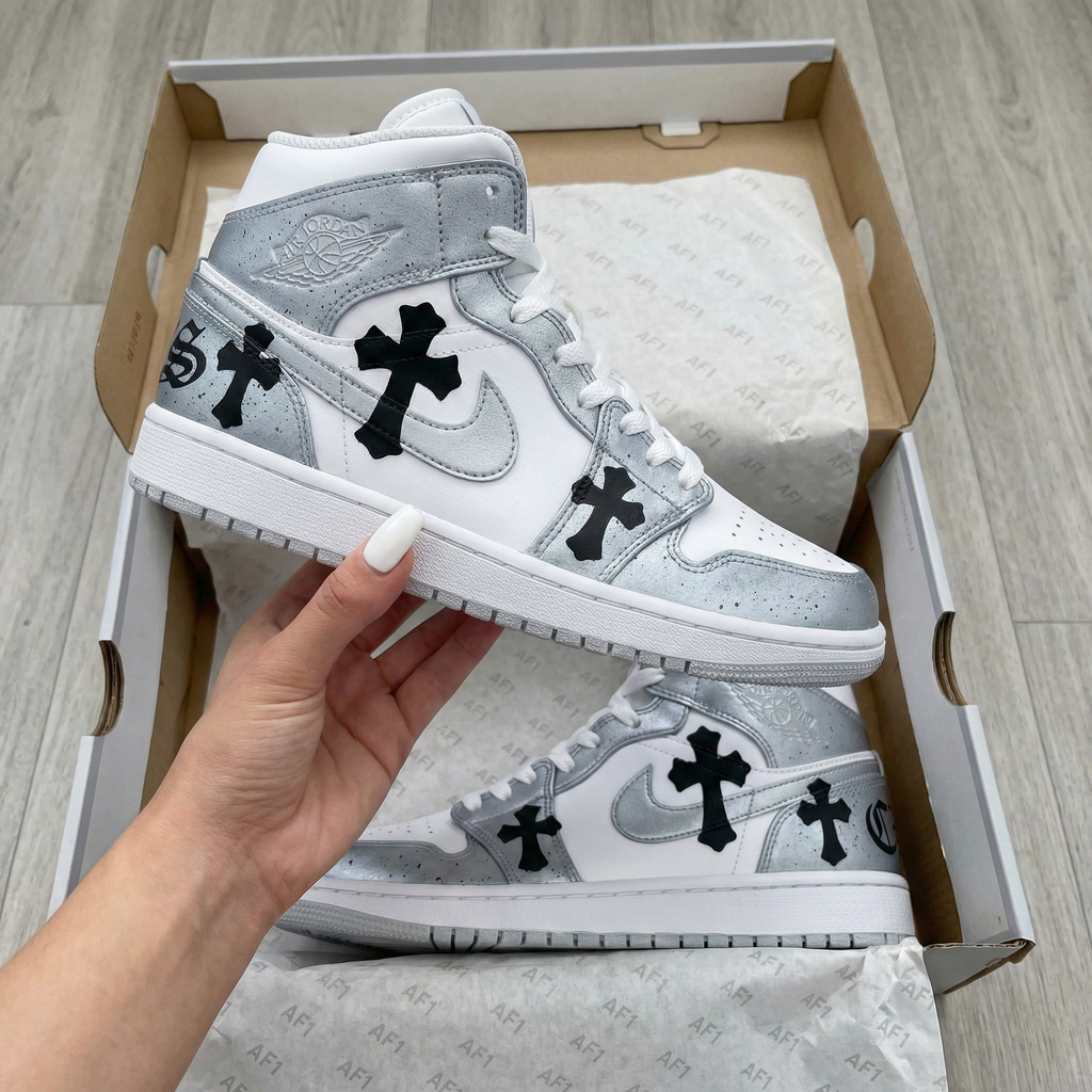 Custom AJ 1s Shoes Silver Black Crosses-oicustom