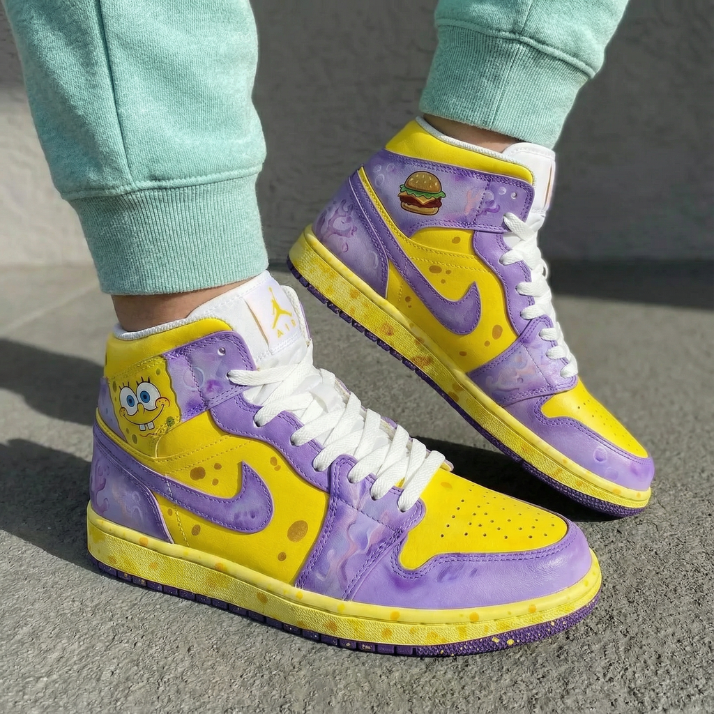Custom AJ 1s Shoes SpongeBob in Yellow and Purple Theme-oicustom