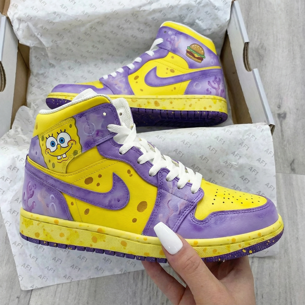 Custom AJ 1s Shoes SpongeBob in Yellow and Purple Theme-oicustom