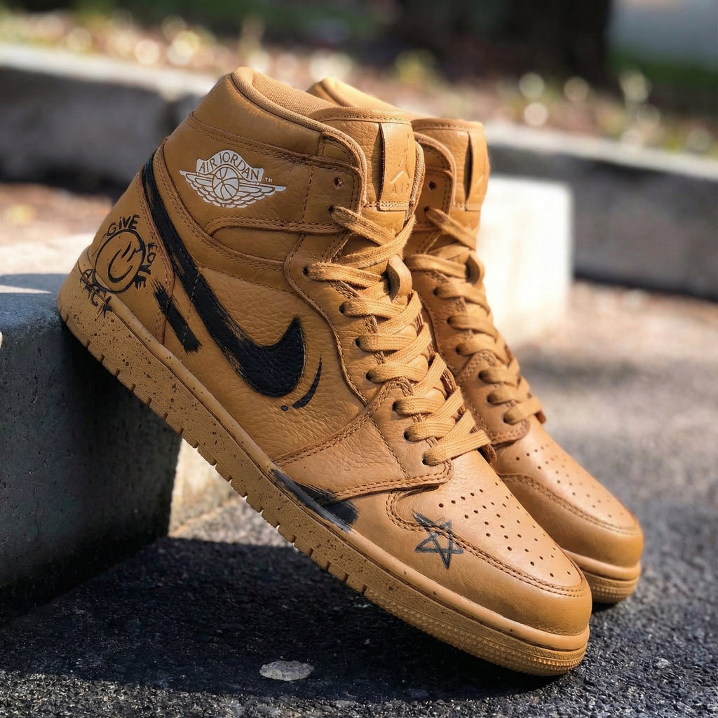 Custom AJ 1s Shoes Tan Black Graffiti Design-oicustom