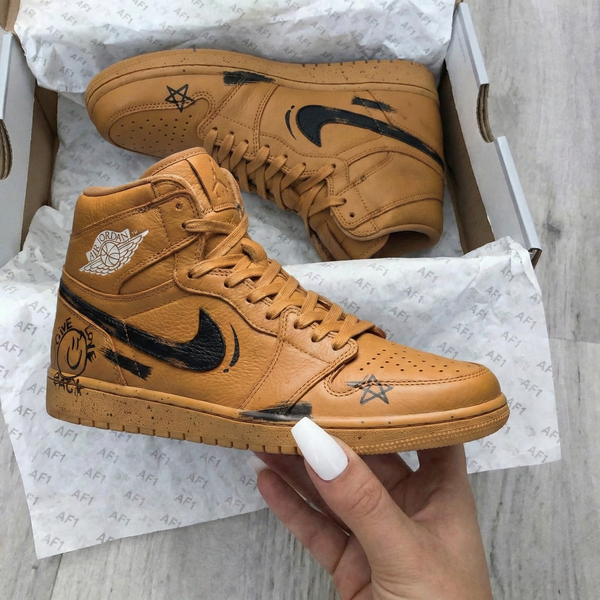Custom AJ 1s Shoes Tan Black Graffiti Design-oicustom
