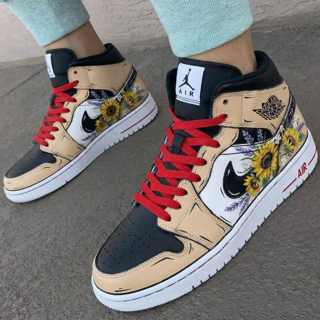 Custom AJ 1s Shoes Tan Black Red with Sunflower Pattern-oicustom