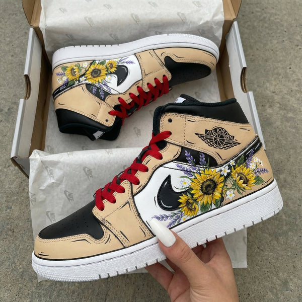 Custom AJ 1s Shoes Tan Black Red with Sunflower Pattern-oicustom