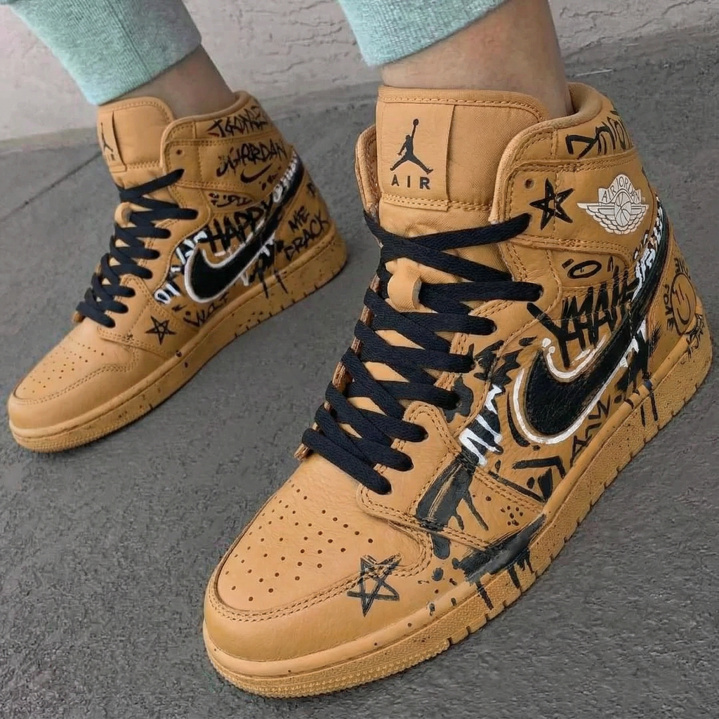 Custom AJ 1s Shoes Tan Graffiti Design-oicustom