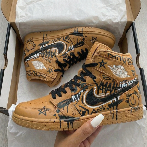 Custom AJ 1s Shoes Tan Graffiti Design-oicustom