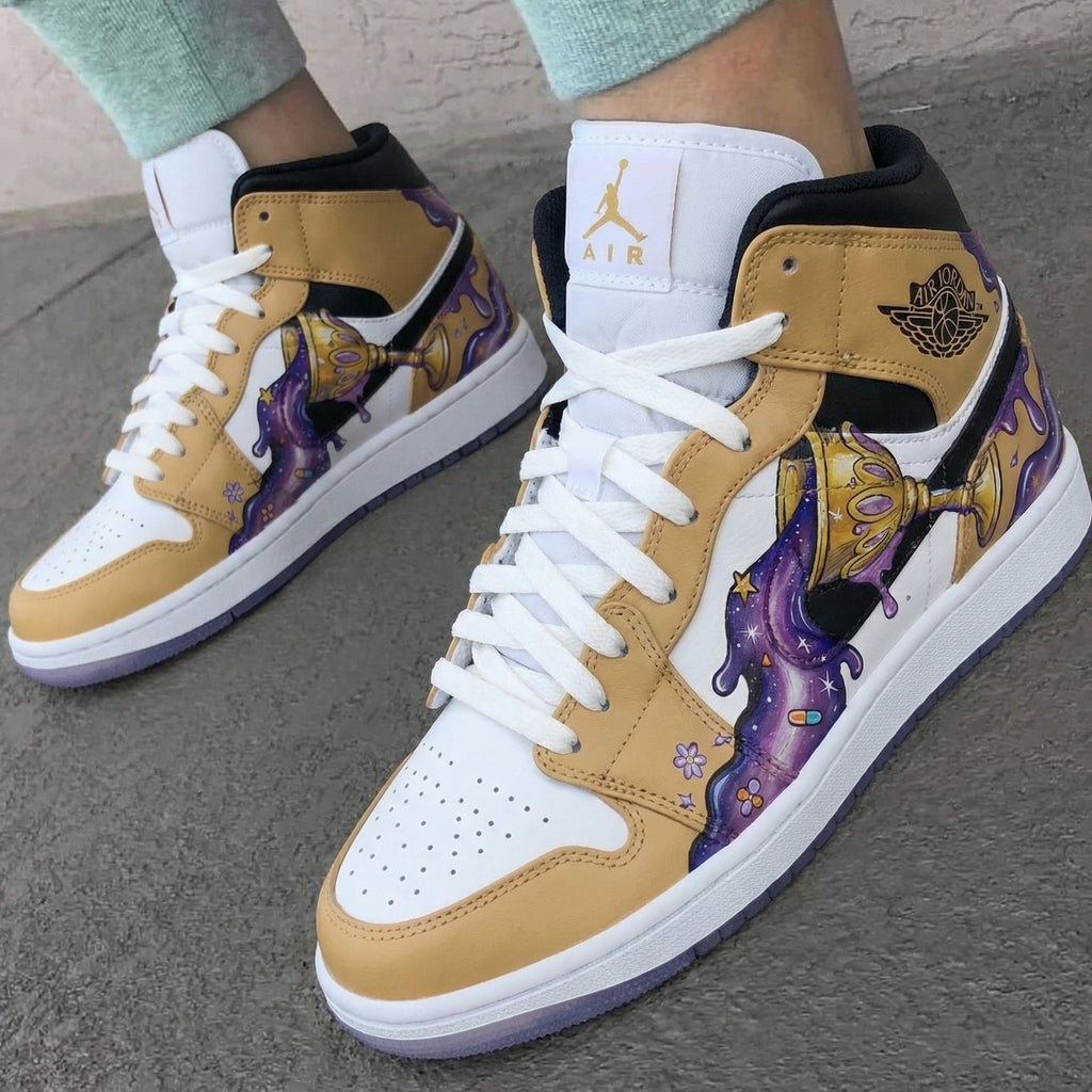 Custom AJ 1s Shoes Tan White Purple Goblet Pattern-oicustom