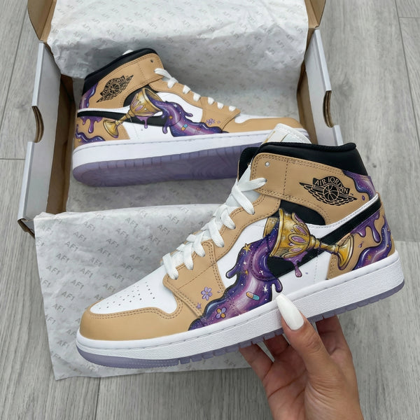 Custom AJ 1s Shoes Tan White Purple Goblet Pattern-oicustom
