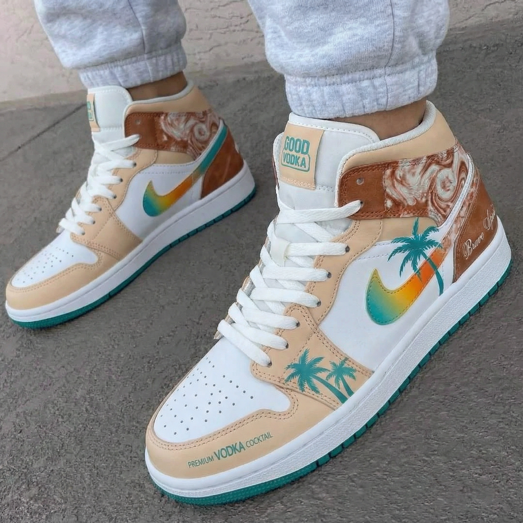 Custom AJ 1s Shoes Tan White with Palm Tree Design-oicustom