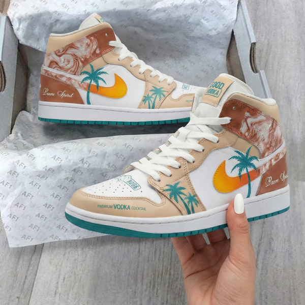Custom AJ 1s Shoes Tan White with Palm Tree Design-oicustom