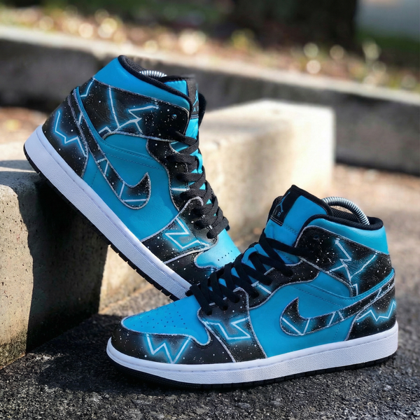 Custom AJ 1s Shoes Teal Black Star - Patterned-oicustom