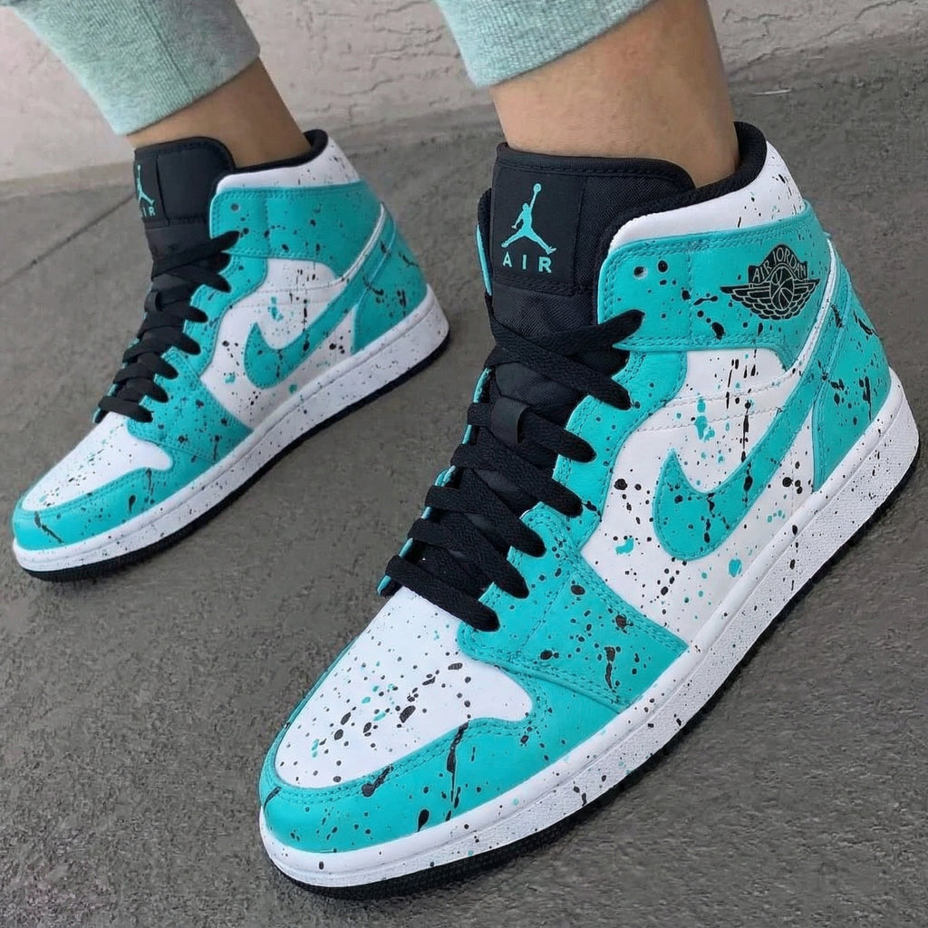 Custom AJ 1s Shoes Teal White Splatter Design-oicustom