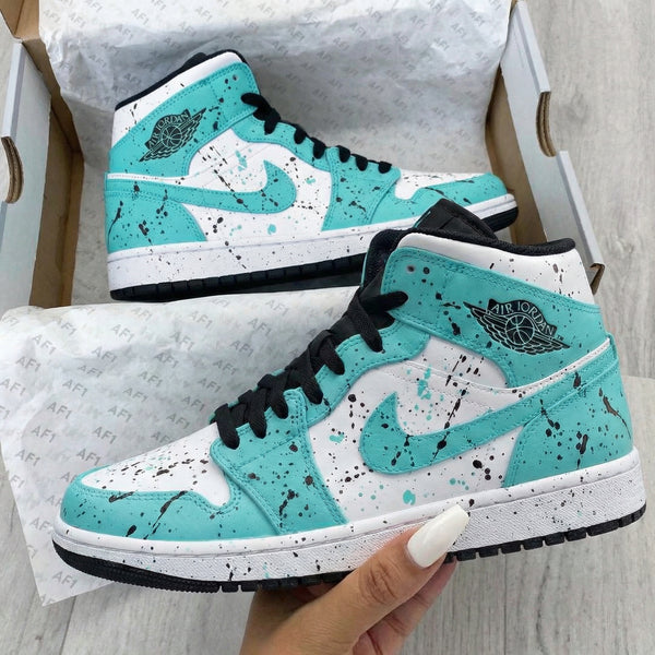 Custom AJ 1s Shoes Teal White Splatter Design-oicustom