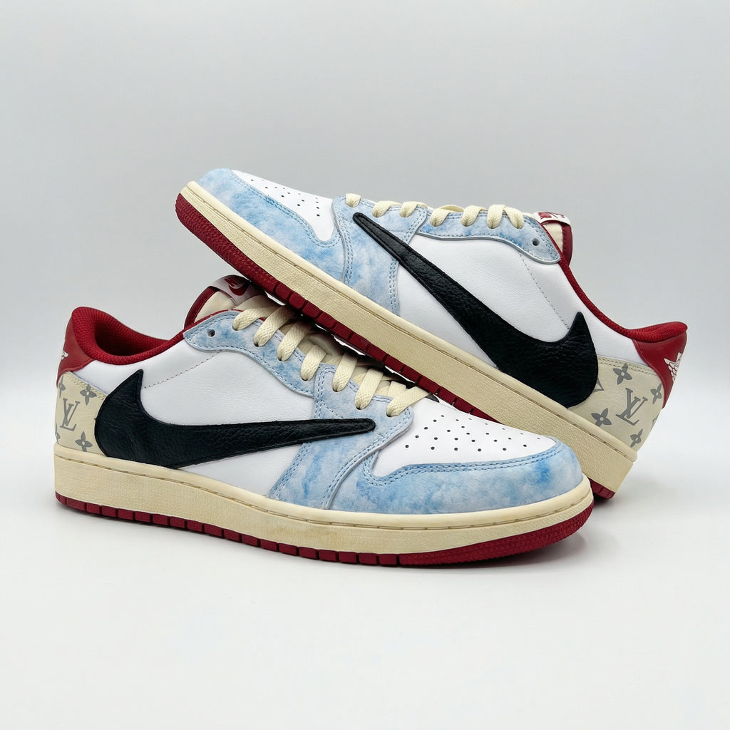 Custom AJ 1s Shoes Travis Scott Baby Blue White Red with LV Pattern-oicustom