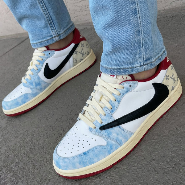 Custom AJ 1s Shoes Travis Scott Baby Blue White Red with LV Pattern-oicustom