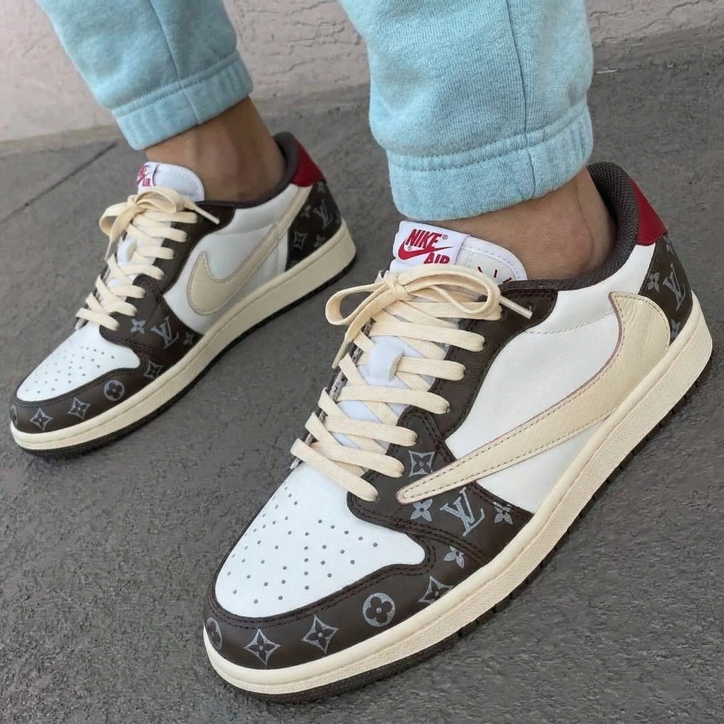 Custom AJ 1s Shoes Travis Scott Beige Brown with LV Logo-oicustom
