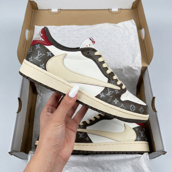 Custom AJ 1s Shoes Travis Scott Beige Brown with LV Logo-oicustom
