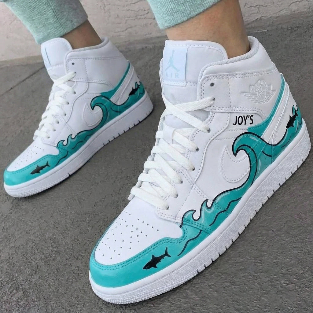 Custom AJ 1s Shoes Turquoise Black Wave Sharks-oicustom