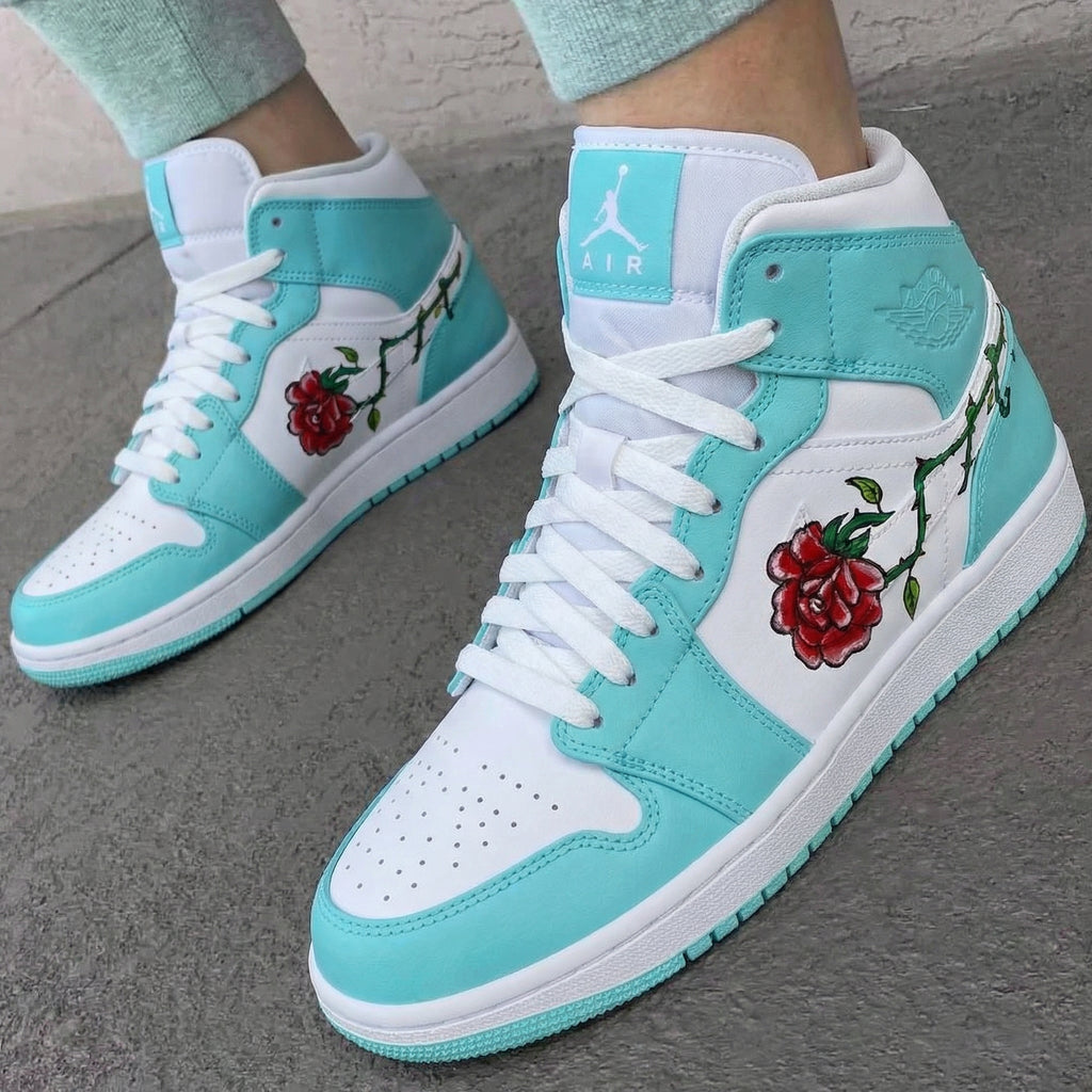Custom AJ 1s Shoes Turquoise White with Rose Design-oicustom