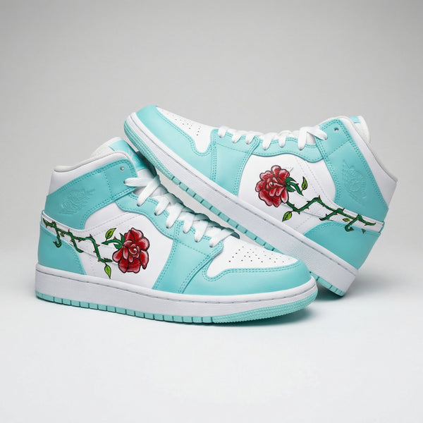 Custom AJ 1s Shoes Turquoise White with Rose Design-oicustom