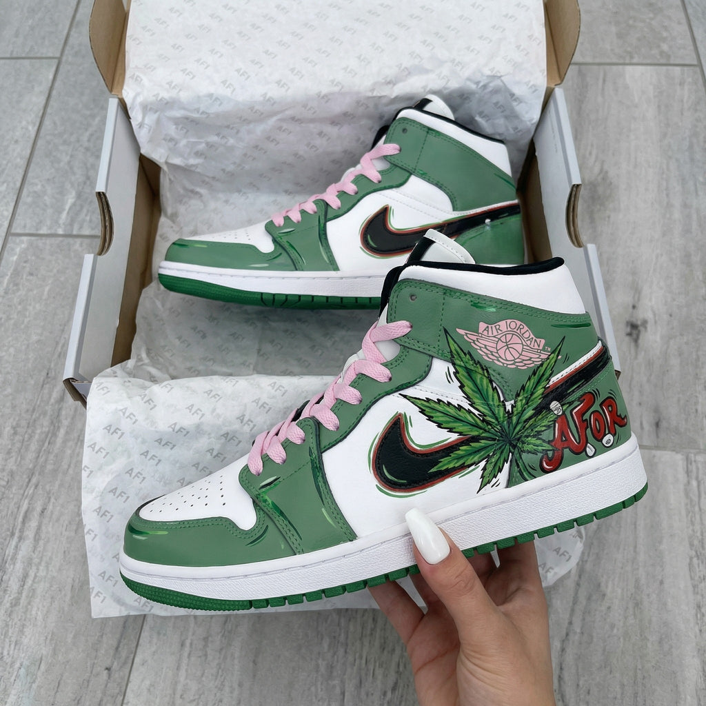 Custom AJ 1s Shoes Green White Baby Pink Weed Design-oicustom