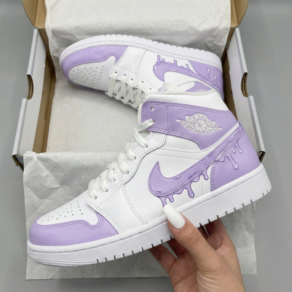 Custom AJ 1s Shoes White And Lavender Drip Pattern-oicustom