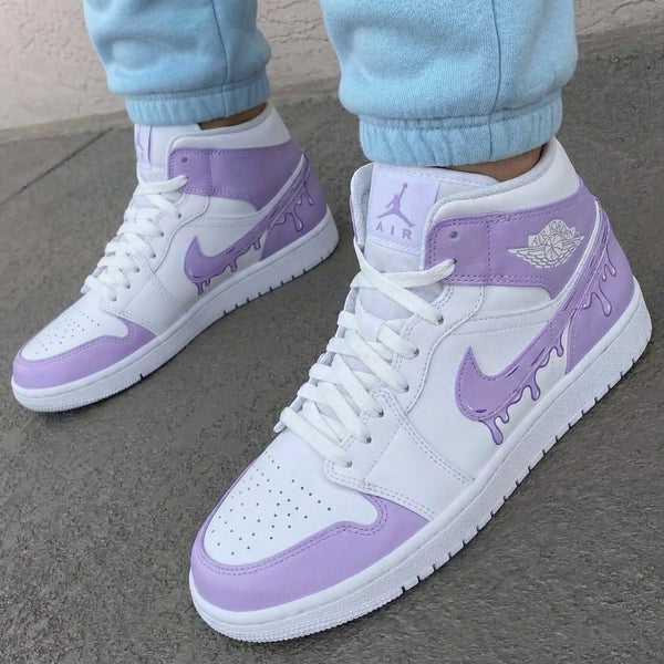 Custom AJ 1s Shoes White And Lavender Drip Pattern-oicustom