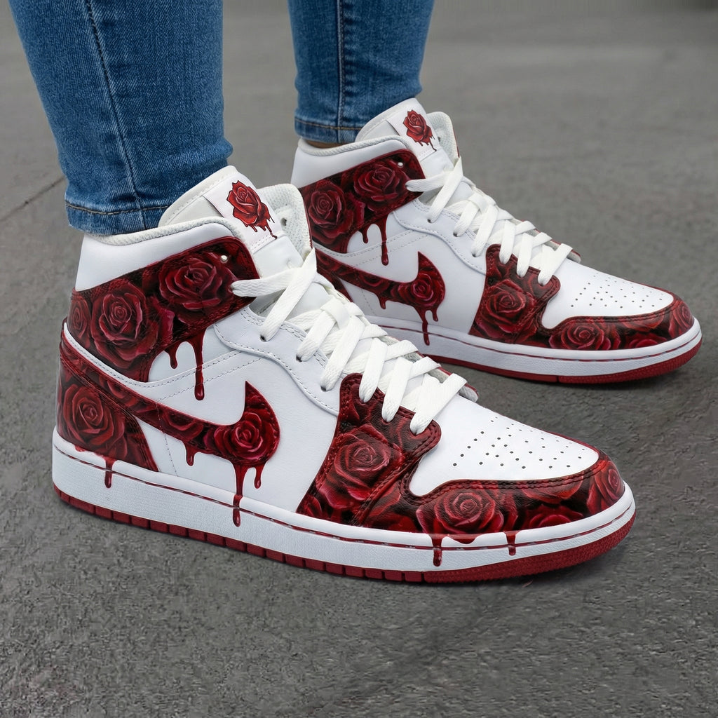 Custom AJ 1s Shoes White and Maroon Rose Pattern-oicustom