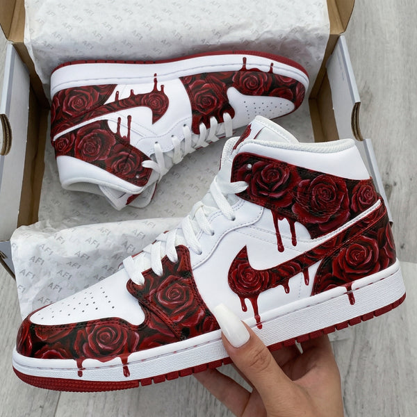 Custom AJ 1s Shoes White and Maroon Rose Pattern-oicustom