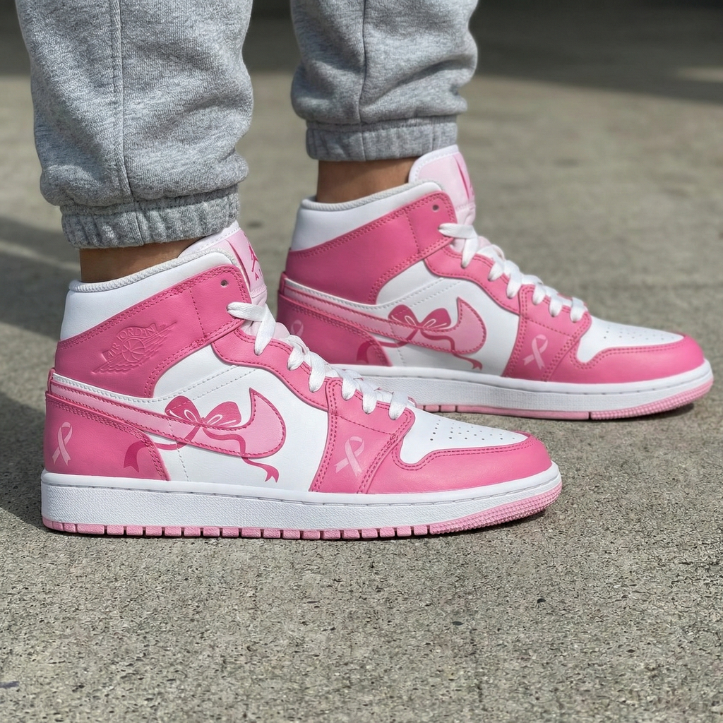 Custom AJ 1s Shoes White Baby Pink Bows Ribbons-oicustom