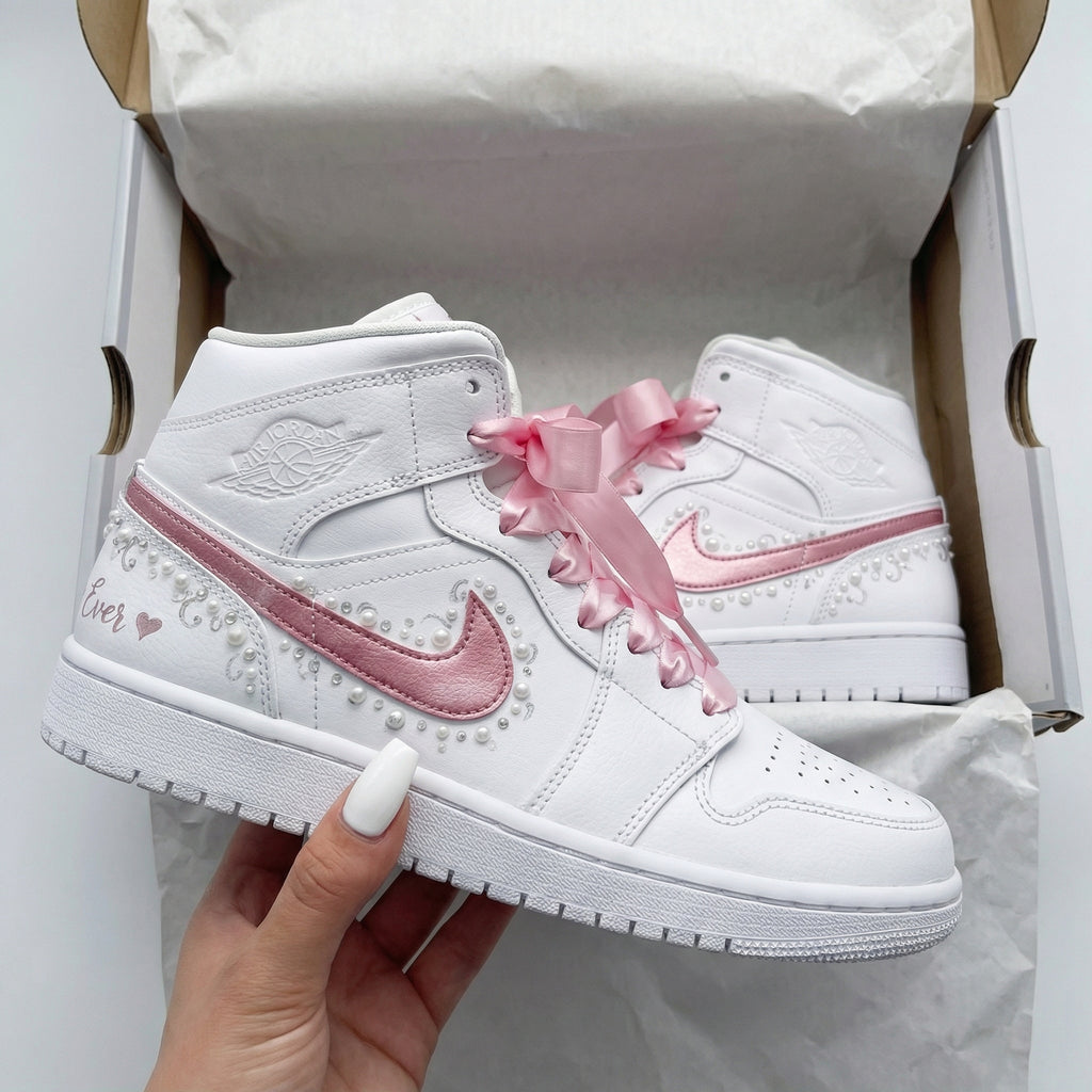 Custom AJ 1s Shoes White Baby Pink Pearls Ribbon Laces Heart Embroidery-oicustom