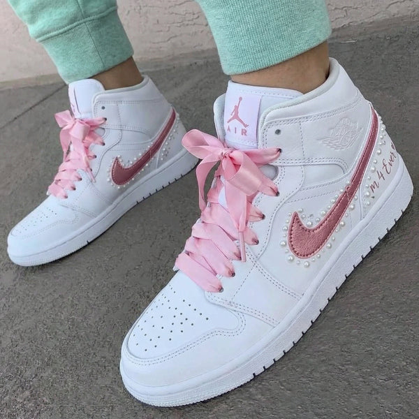 Custom AJ 1s Shoes White Baby Pink Pearls Ribbon Laces Heart Embroidery-oicustom
