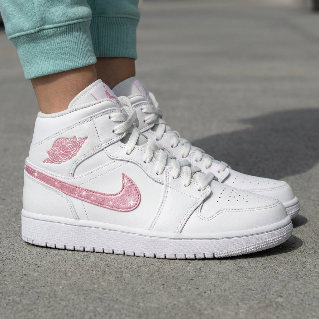 Custom AJ 1s Shoes White Baby Pink Sparkle Swoosh-oicustom