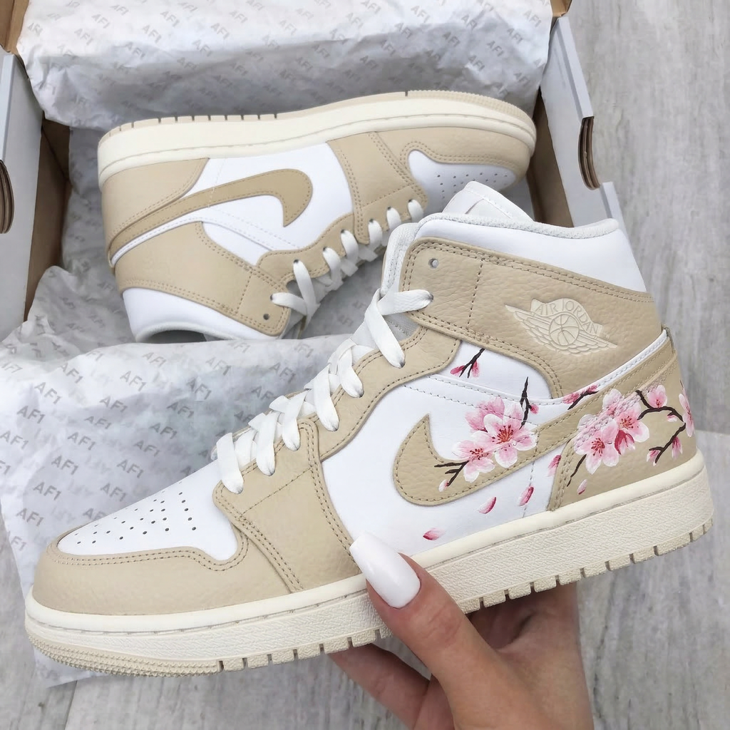 Custom AJ 1s Shoes White Beige Cherry Blossom-oicustom