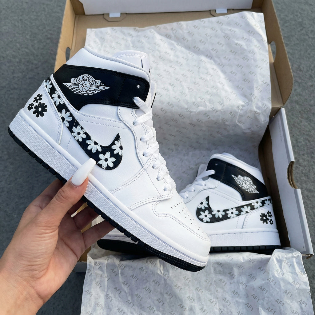 Custom AJ 1s Shoes White Black Flowers-oicustom